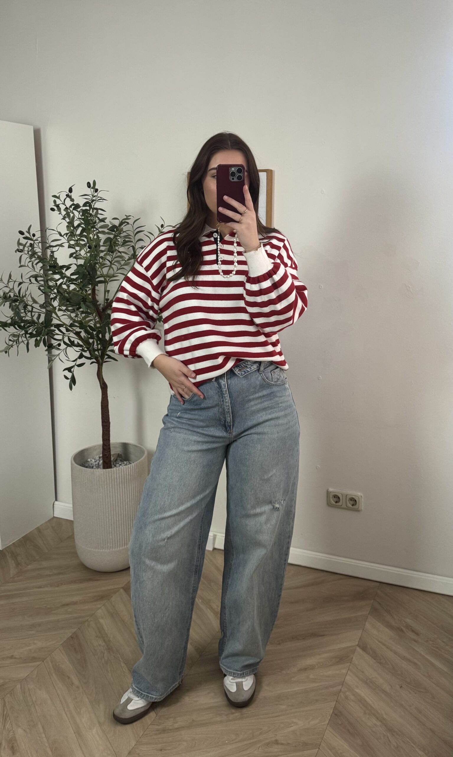 Polo Sweater Gestreept - Wit Rood