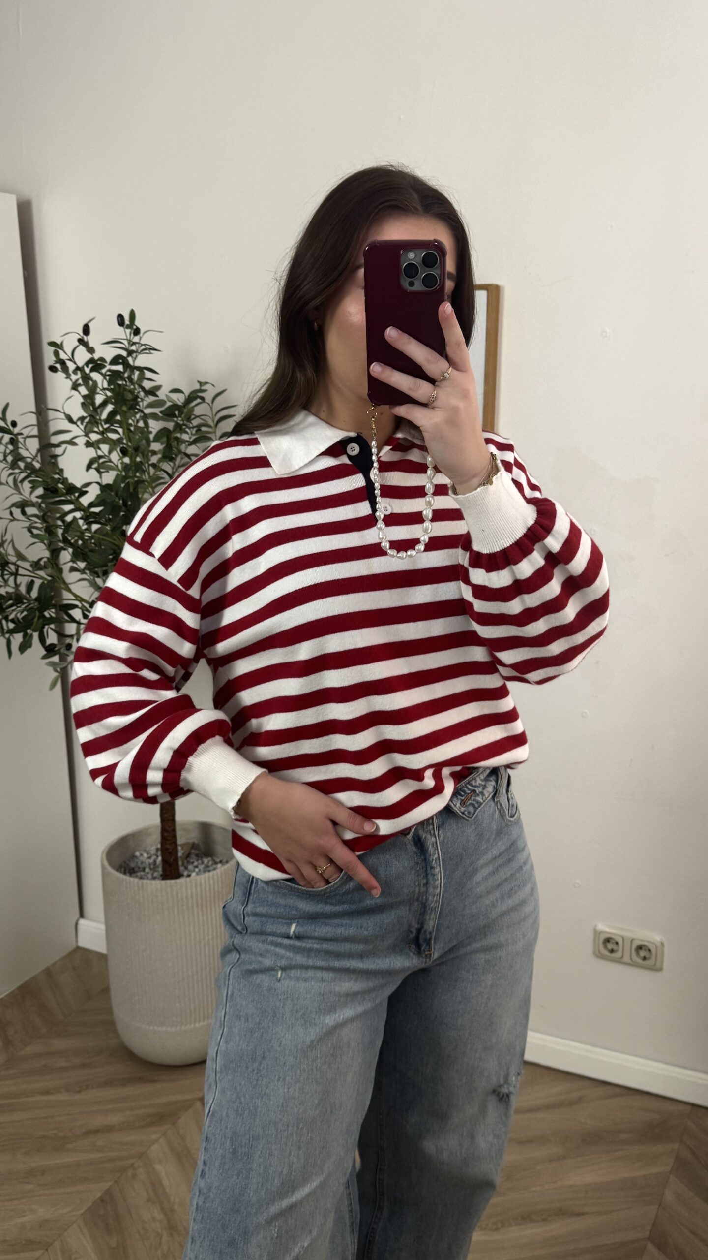 Polo Sweater Gestreept - Wit Rood - Afbeelding 3