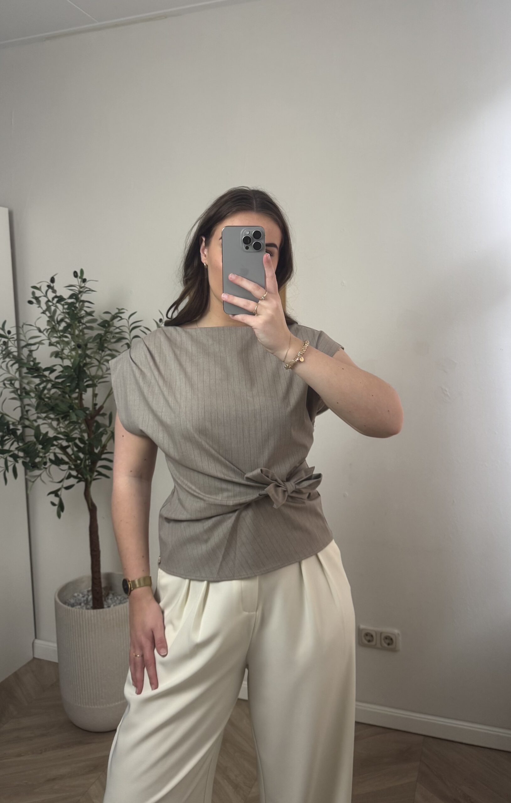 Top met Strik - Taupe/Krijtstreep