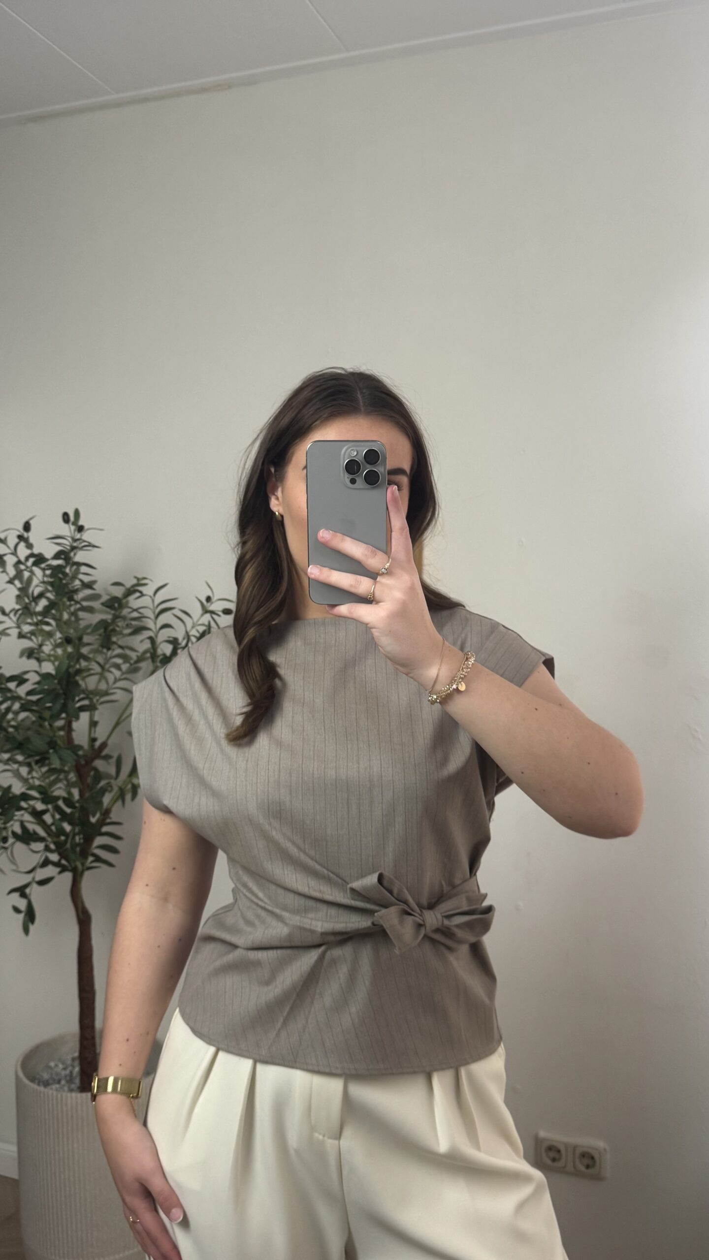 Top met Strik - Taupe/Krijtstreep - Afbeelding 2